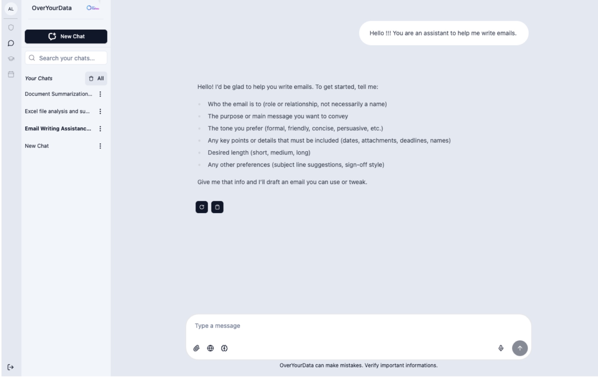 OverYourData chat interface — sidebar of recent conversations and a chat with sourced answers